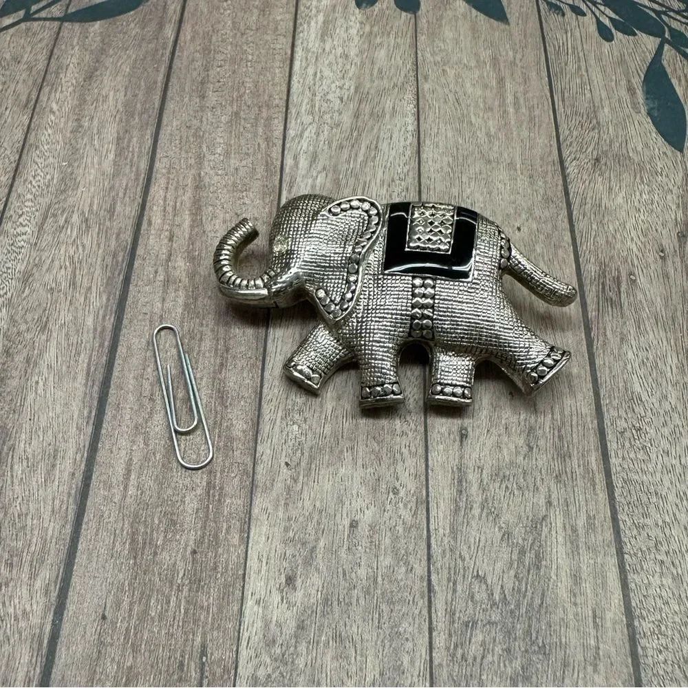 Silver Black Enamel Elephant‎ Trunk Up Brooch B6
